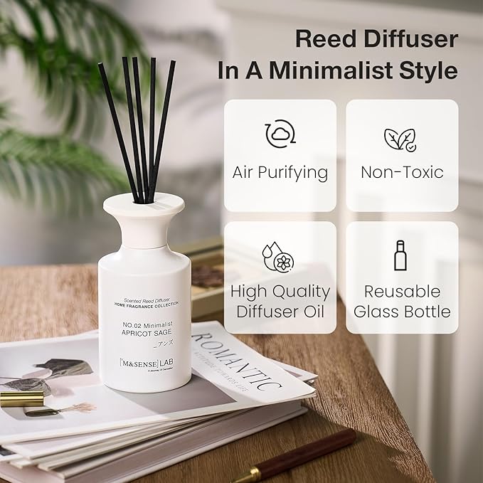M&SENSE Minimalist Large Reed Diffuser 300ml, Apricot Sage Scented with Natural Essential Oils, Long Lasting with 7 Sticks, Non-Toxic Home Fragrance for Bedroom, Bathroom Decor