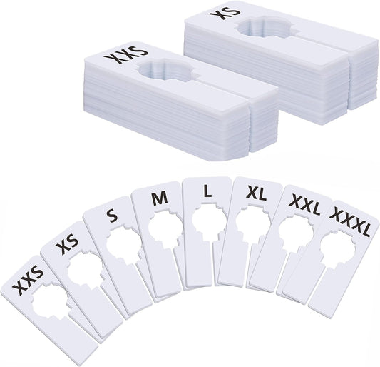 40 Pack Rectangular White Plastic Clothing Size Closet Rack Dividers Hangers, Preprinted in 8 Sizes XXS, XS, S, M, L, XL, XXL, XXXL (2.5”x 5”, Inner Diameter 1.38”)