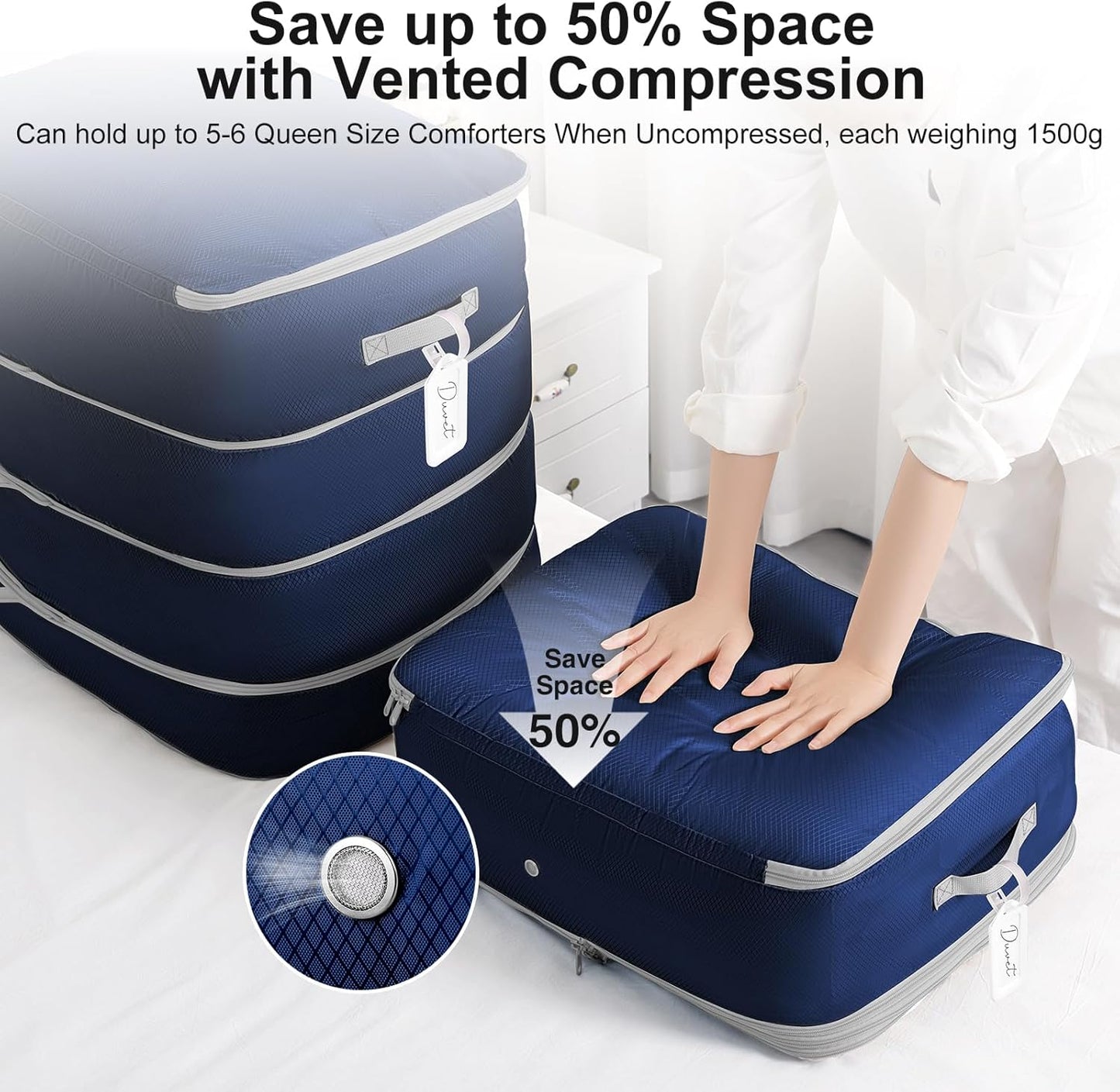 Comforter Storage Bag - Large Capacity Blanket Storage Bags 4-Layer Ultra Space Saving Self Compression Organizer, Washable Compression Bags for Storage Comforter Blanket, 2-Pack, Navy Blue