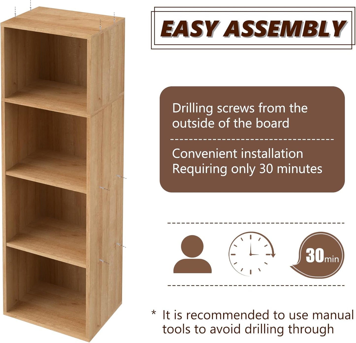 Wooden 4 Cube Storage Organizer, 4 Tier Storage Cubes Storage Display Cubby, 42 Inch Tall Versatile Cubes Shelf and Cubby Organizer for Any Space (Oak, 4 Cube-W(11.8inch)