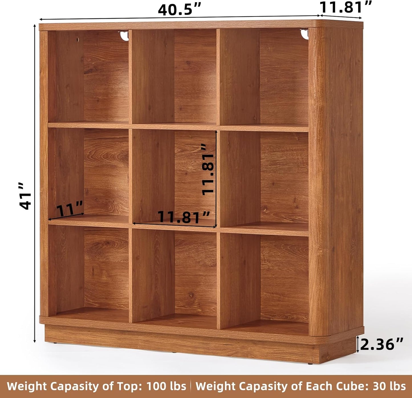 9 Cube Storage Book Shelf, 41" Tall Organizer Bookshelf with Curved Edge, Wood Floor Standing 3-Tier Cubby Bookcase with Base, Country Rustic Display Book Case for Library, Office, Brown