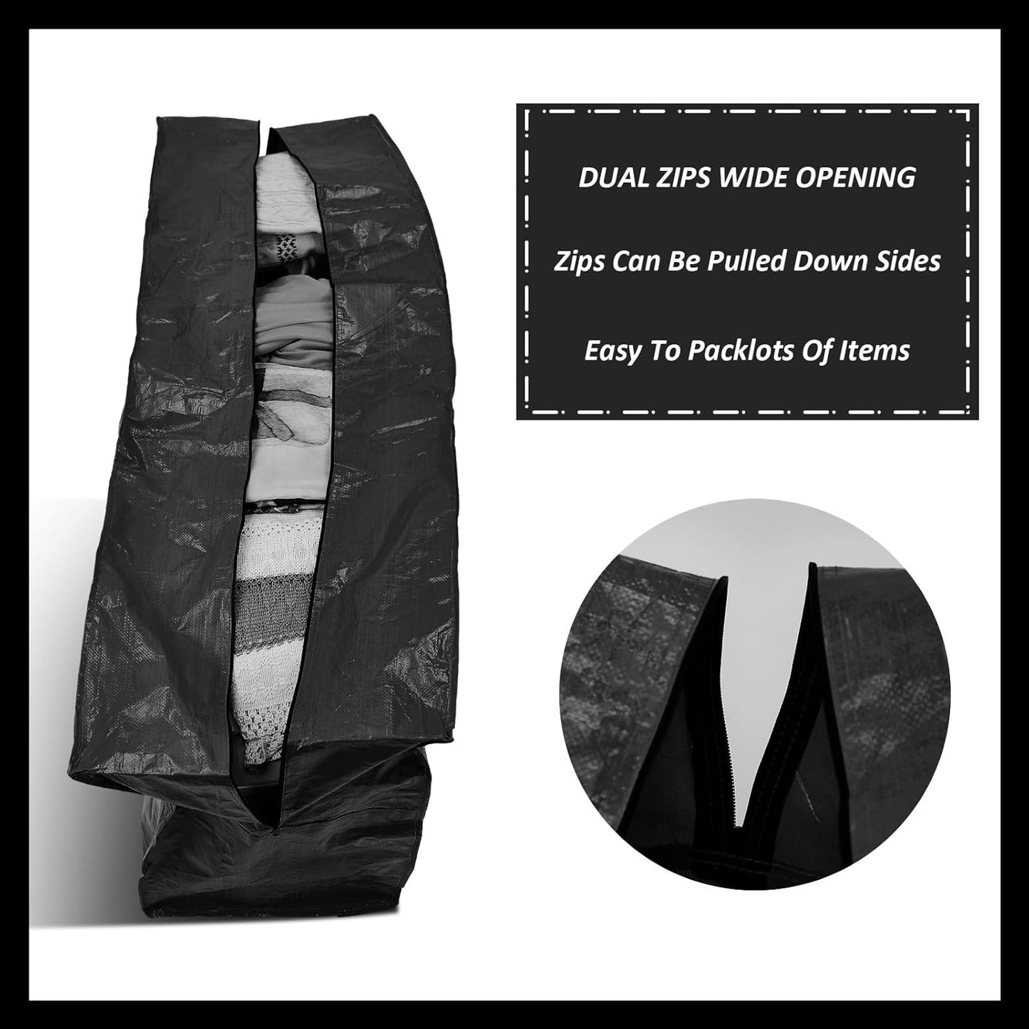 4 Pcs 96 Gallon Large Moving Bags with Zipper and Handles Foldable Storage Duffle Bags Heavy Duty Extra Large Totes for College Dorm Travel Clothes Blankets Bedding Moving (Black)