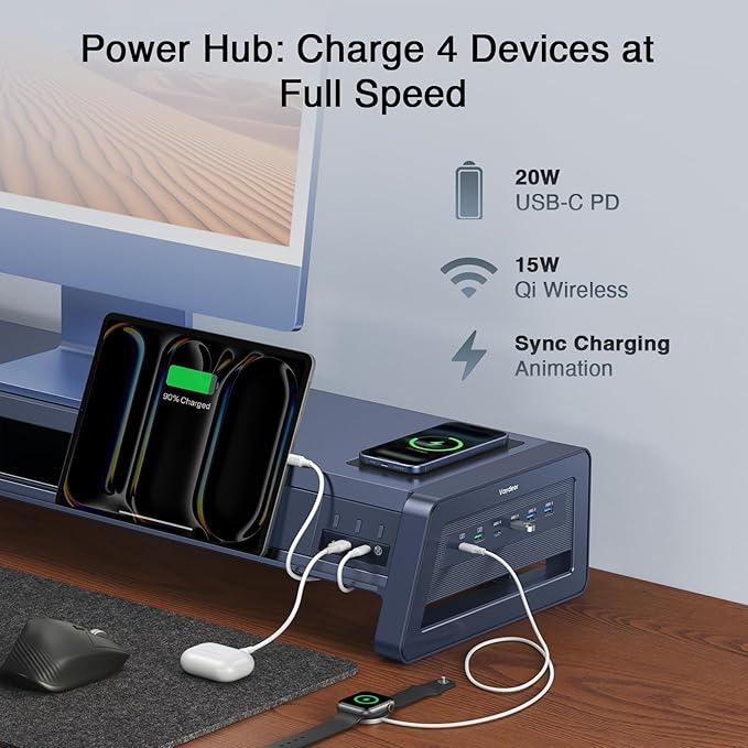 Vaydeer All-in-One Dual Monitor Stand Riser with 2 Drawers, 8USB Ports and Wireless Charging Pad with LED Light Strip for 2 Monitors , Desk Organizer for PC, iMac (Metal, 39.3 inches)