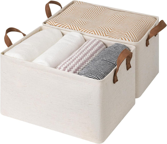 StorageWorks Storage Bins, Shelves Baskets for Organizing, Large Fabric Closet Organizers with Handles, Metal Frame, Beige（Cotton-linen）, 2-Pack