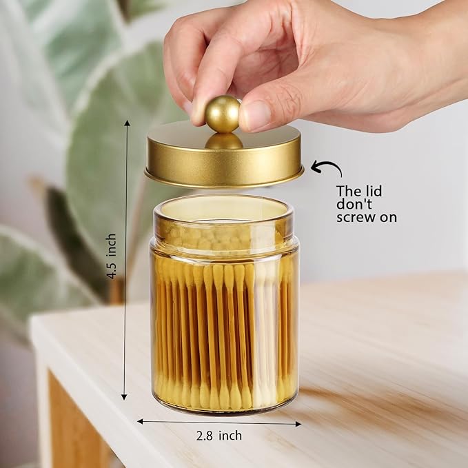 Amolliar Bronze Glass Apothecary Jar With Metal Lid & Stickers, Bathroom Qtip Dispenser Storage Canister, Perfect for Cotton Balls, Cotton Swabs, Makeup Pads, Bath Salt, Floss, 2 Pack(Gold)