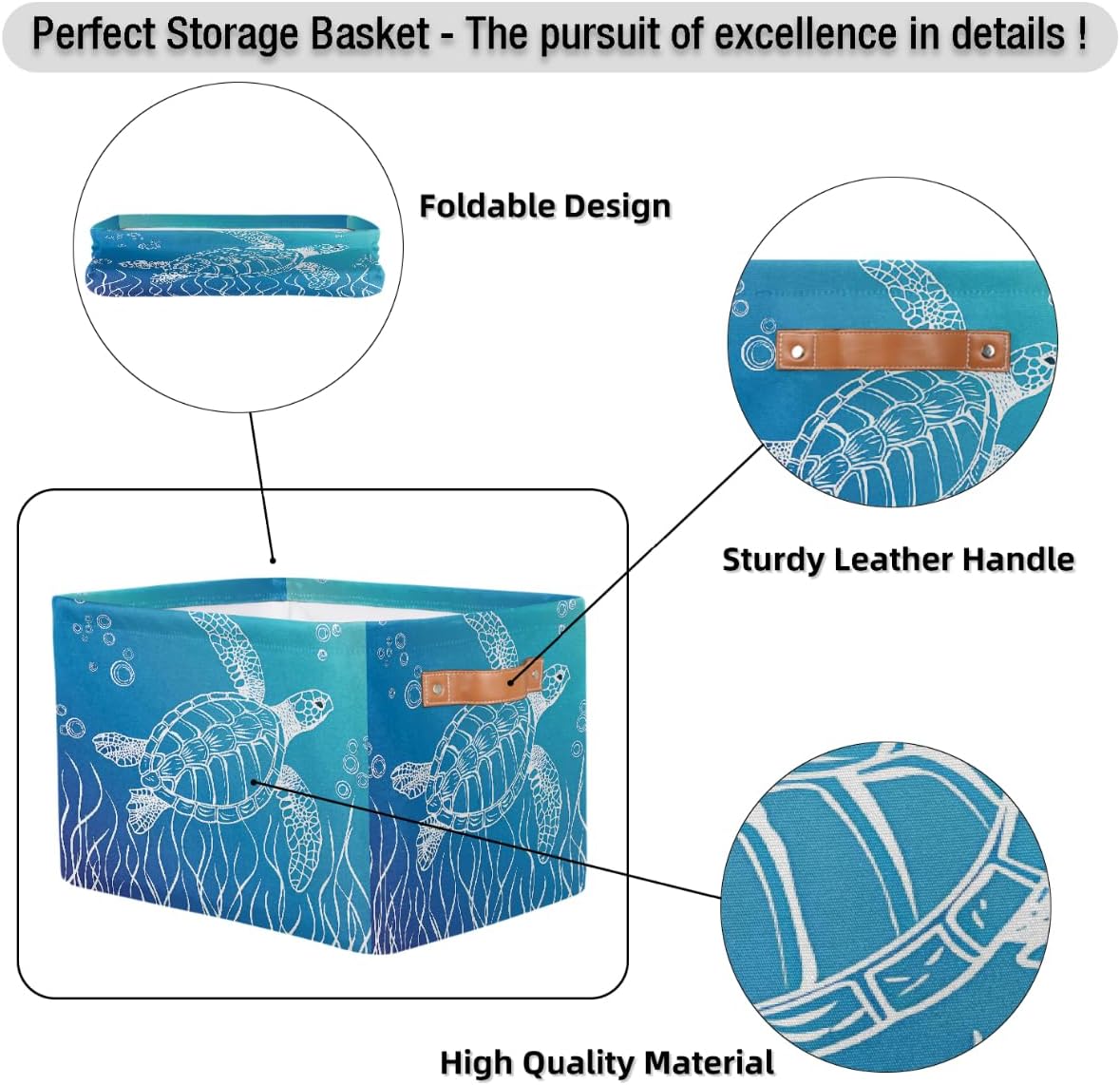 Ocean Turtle Storage Basket for Shelves, Storage Bins with Handles, Collapsible Basket for Organizing, Closet Toy Baskets for Nursery Room, 15x11x9.5 in, Canvas, Sea Tortoise