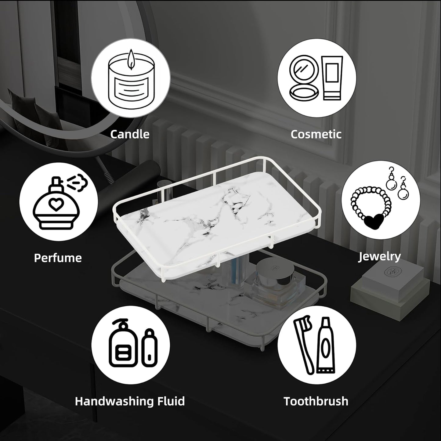 Bathroom Organizer Countertop Perfume Organizer Makeup Organizer Cosmetics Storage Display Rack Vanity Tray Dresser Stainless Steel Gold Shelf White Marble Ceramic Tray