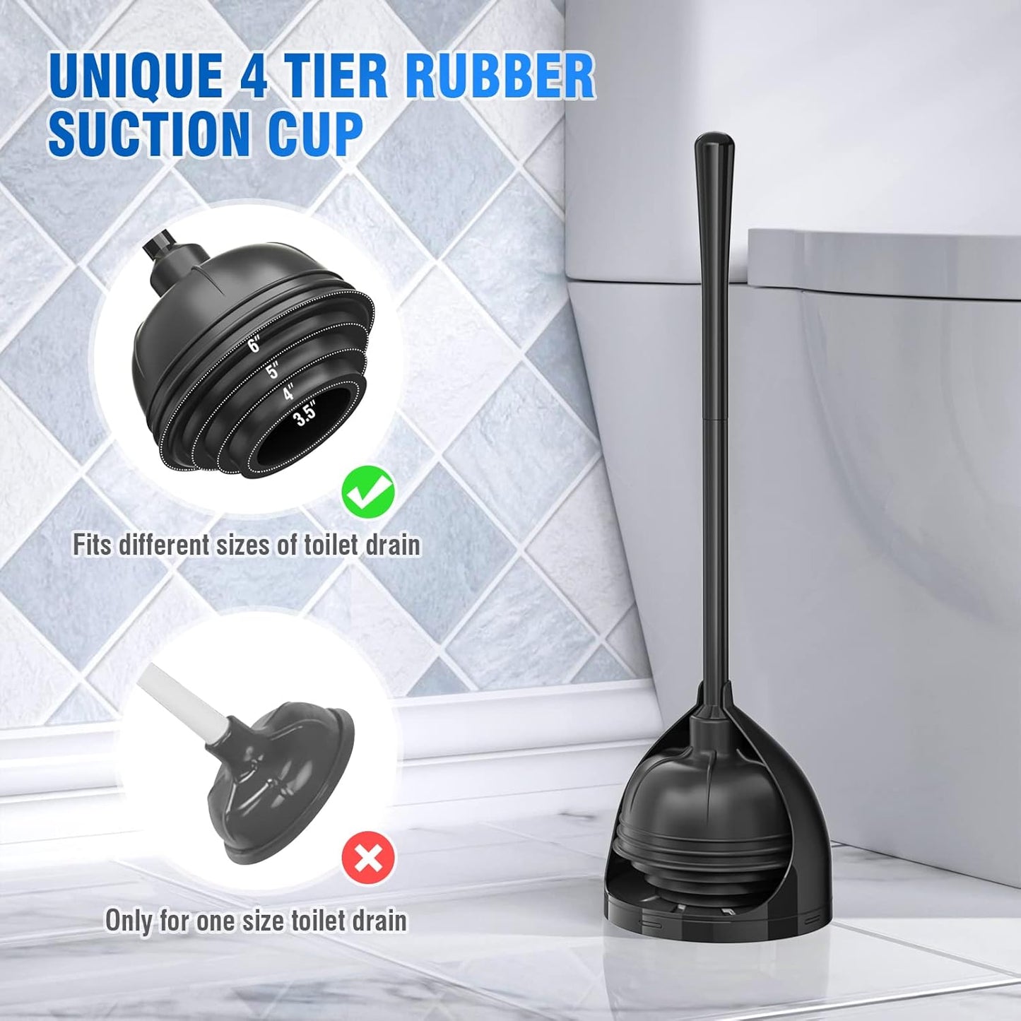 uptronic 2 Pack Toilet Plunger with Holder, Unique Plunger with All-Angle Design, Plungers for Bathroom for 5.7-inch Toilet Drain, Toilet Plunger Heavy Duty-Black
