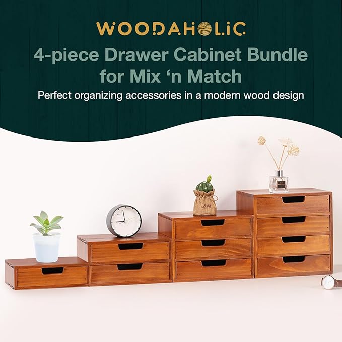 4-piece Drawer Cabinet Bundle Set - Modern Mahogany Wood Stackable Units - Multi-level Drawer Desktop Storage Organizers (4-Pack)