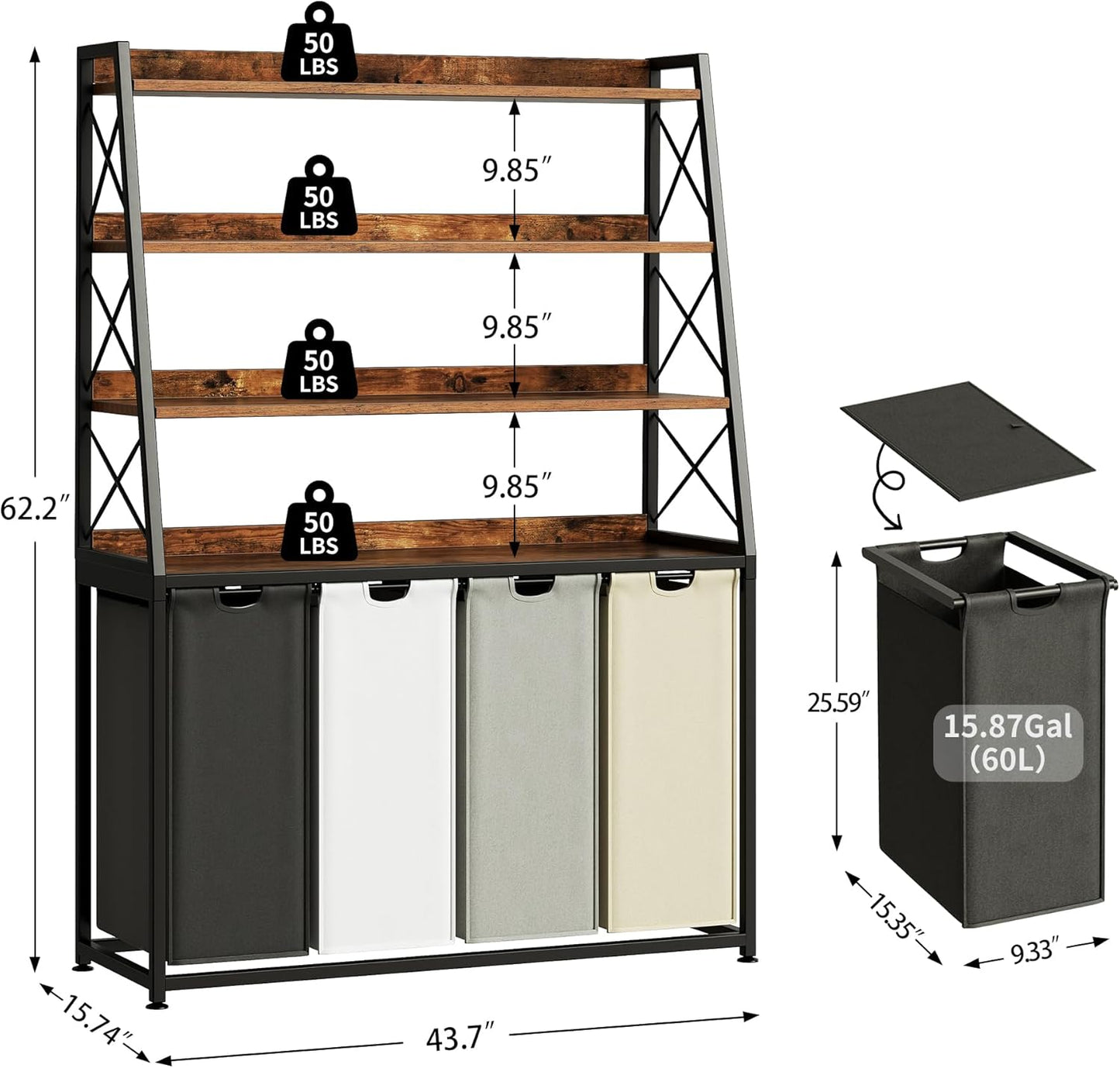 Laundry Basket, 4 Section Laundry Hamper with 4 Tiers Shelf, Pull-Out and Removable Laundry Bags, Large 4 x 15.87 Gallons, for Laundry Room Bathroom Rustic Brown PF12XLN