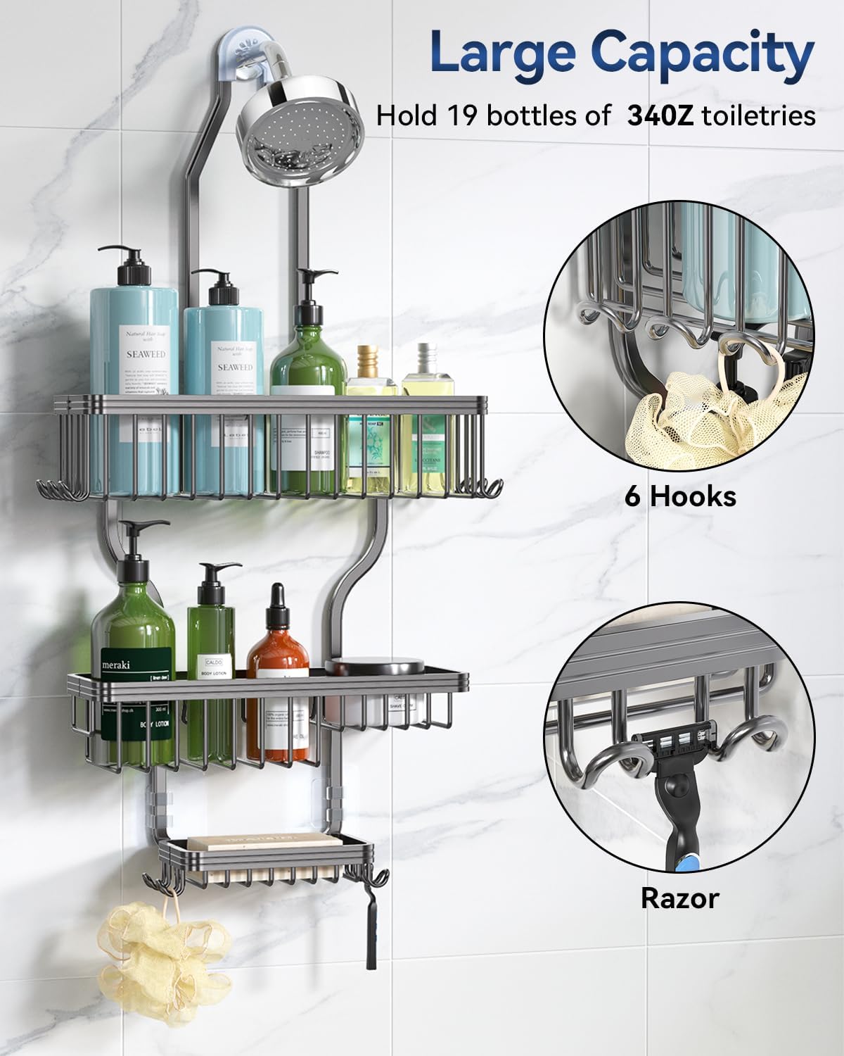 YASONIC Shower Caddy Hanging - Never Rust Organizer - Aluminum over The head caddy with 10 Hooks for Razor/Sponge - Shower Rack with Soap Basket - Grey