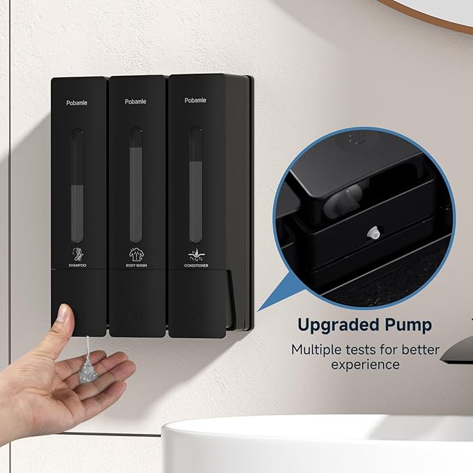 1984 Shower Soap Dispenser Bathroom Set Shampoo Conditioner Body Wash Dispenser Wall Mounted Shower Shampoo Dispenser 3 Chamber No Drill for Home Star Hotel 3 x 400ml Black