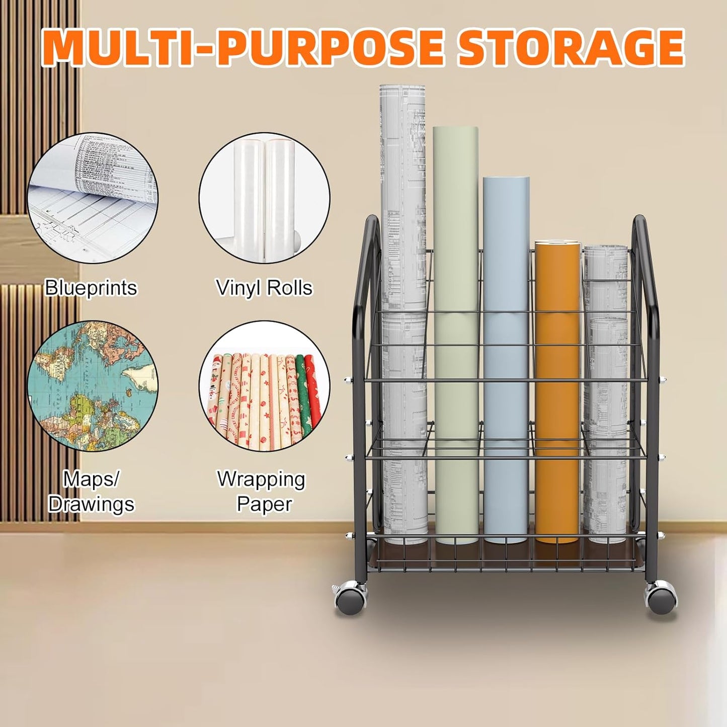 20 Slots Blueprint Holder, Double Layer Blueprint Storage with Sturdy PC Base Plate and 2 Brake Wheels for Office Organization, Storage Rack Rolling Cart, Construction Paper Organizer