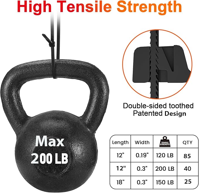 Zip Ties Heavy Duty ，12+12+18 Inch V-Shaped Toothed Double Sided Assorted Size With 200 LBS Tensile Strength Cable Wire Ties Adjustable More Durable Nylon Tie Wraps for Indoor Outdoor（150 Pack）