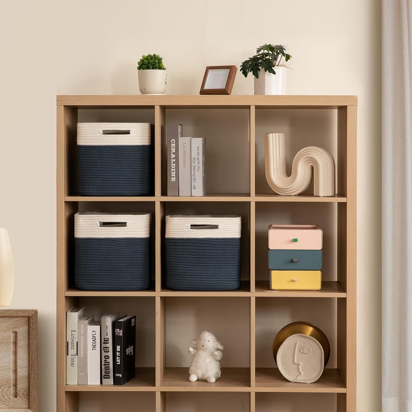 OIAHOMY Cube Storage Basket, 3-Pack Woven Cotton Rope Baskets for Storage, 11-Inch Cube Basket with Handles, Great for Shelves, Closets, Children's Toy Storage and Organization-White & Blue