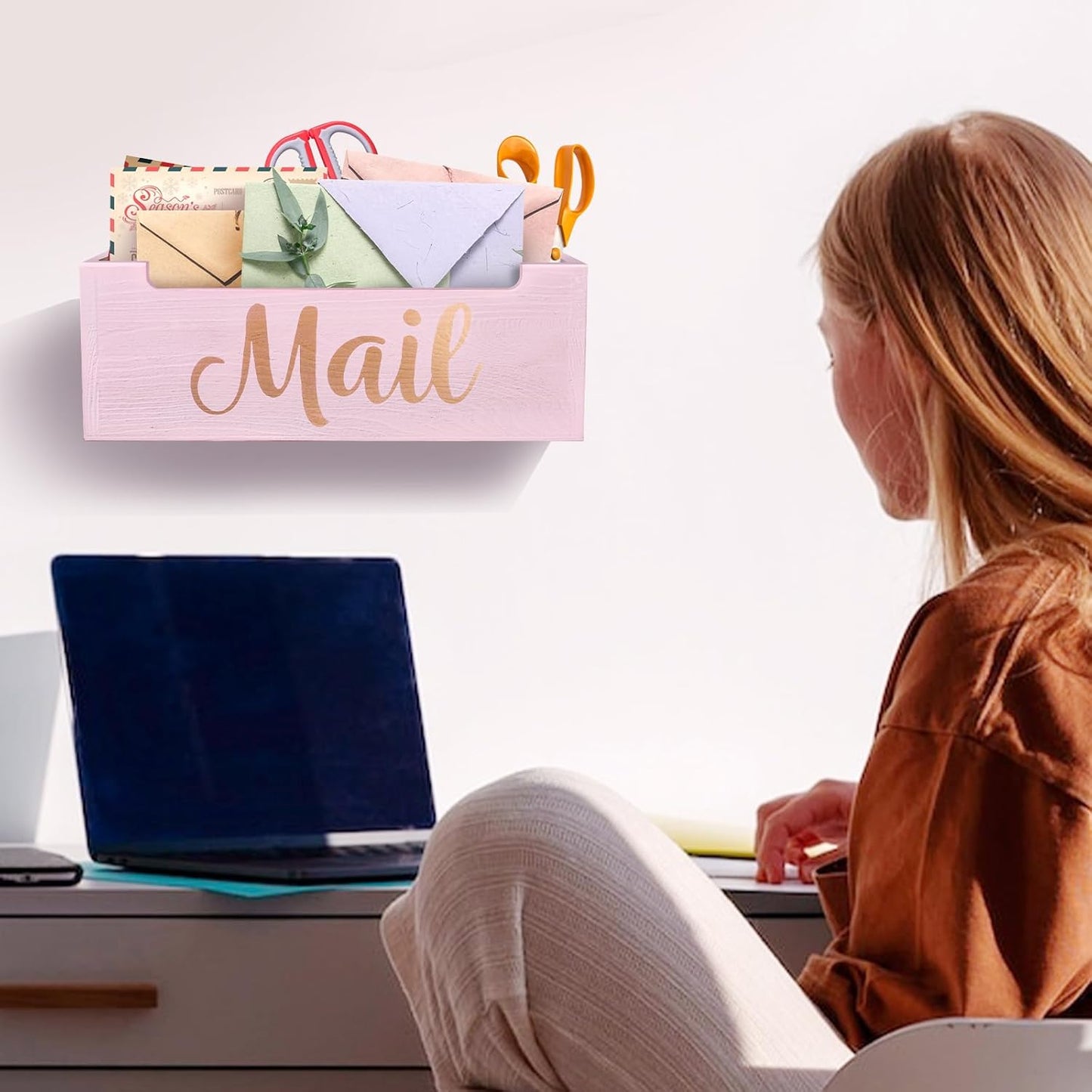 Pink Mail Organizer Cute Mail Holder Countertop, Wooden Mail Basket Mail Tray Letter Holder for Office Desk, Farmhouse Mail Storage Box Wall Mounted