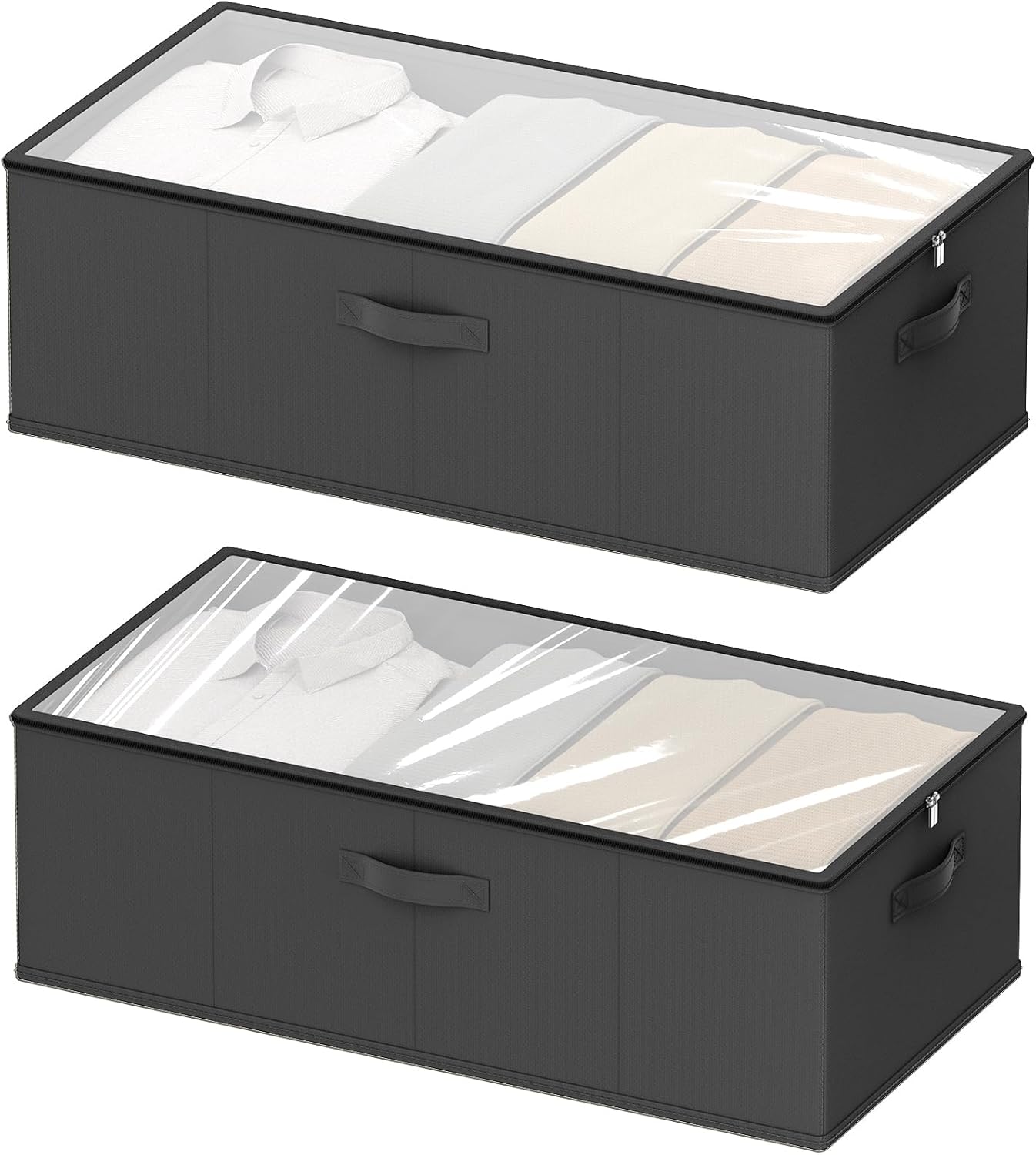 2 Pack Under Bed Storage Containers, 10 Inch Tall Underbed Clothes Storage Organizer Bin with Clear Window，Foldable Box Basket for Clothes, Closet, Bed Sheets and Blankets Black