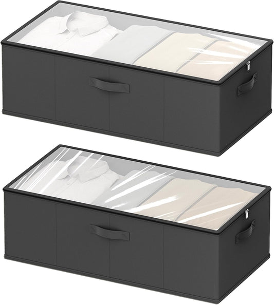 2 Pack Under Bed Storage Containers, 10 Inch Tall Underbed Clothes Storage Organizer Bin with Clear Window，Foldable Box Basket for Clothes, Closet, Bed Sheets and Blankets Black