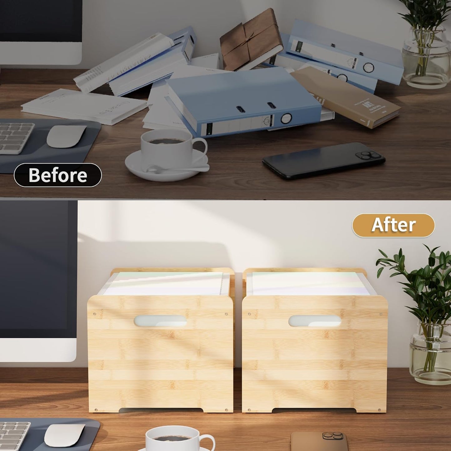 2 Pack Bamboo Hanging File Organizer, Office Desk File Organizer for Letter Size, Wood Hanging File Folders Organizer Record Holder Storage Stand Bookshelf Easy Assembly, Natural