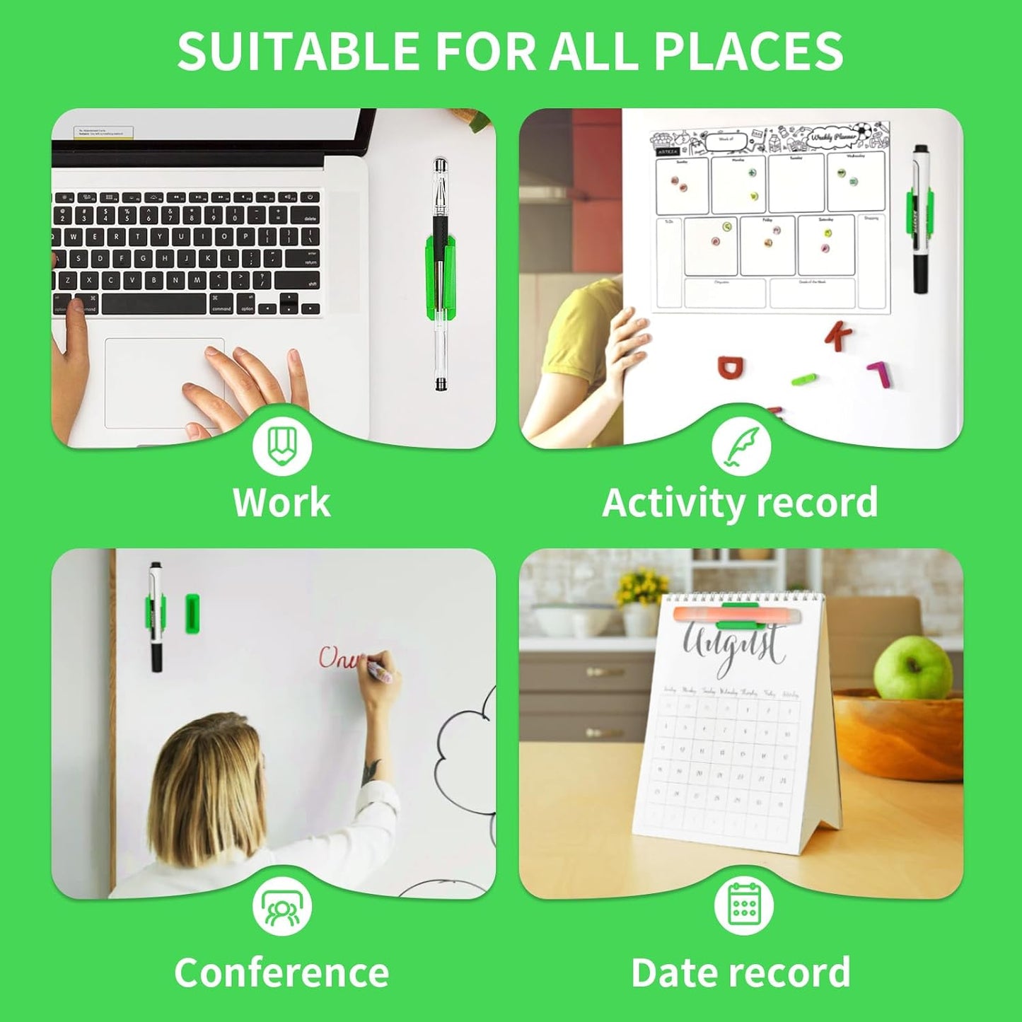 12 Pack Pen Holder for Desk, Silicone Pencil Holder with 12 Extra Adhesive Stickers, Adhesive Pen Holder & Marker Clip for Classroom Office Desk or Any Surface, Teacher Accessories Supplies (Green)