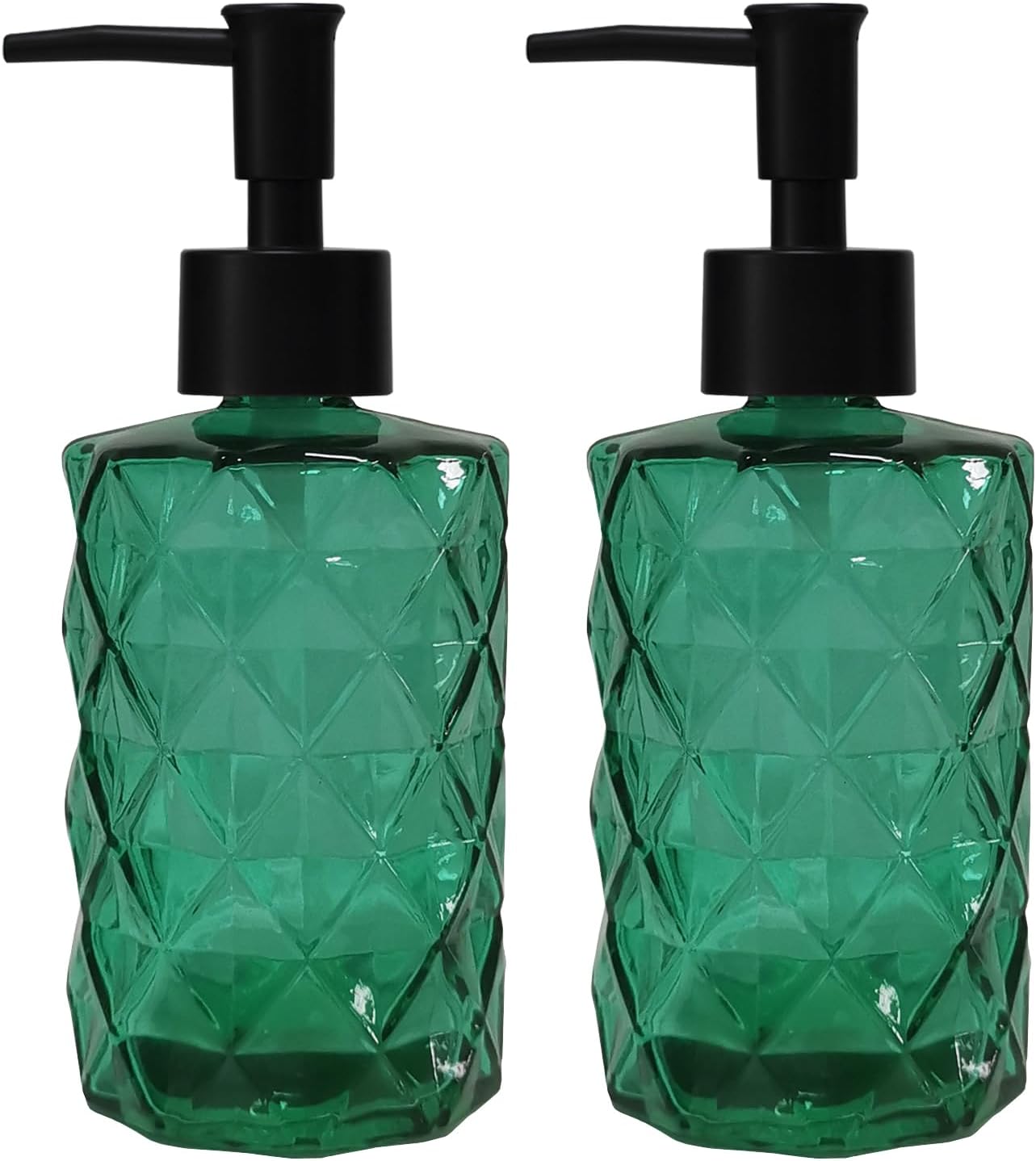 Green Bathroom Soap Dispenser Set with Black Plastic Pump, 12oz Glass Lotion Dispenser, Crystal Hand Soap Dispenser for Modern Home Decor, Kitchen Countertop, Hotel