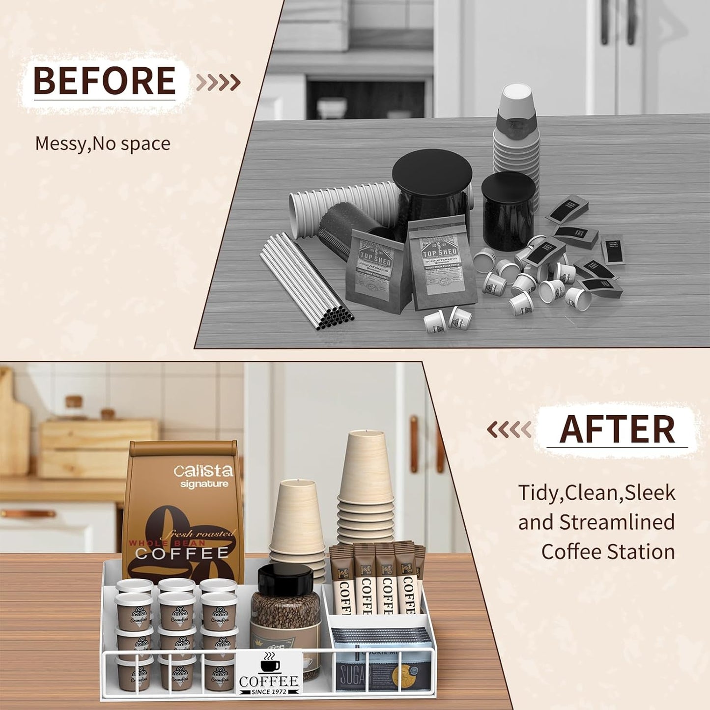 Metal Coffee Station Organizer for Countertop - Coffee Bar Organizer with Designable DIY Logo, K Cup Pods Holder & Tea Condiment Storage - Rustic Breakroom Kitchen Decor in White （1 Pcs）