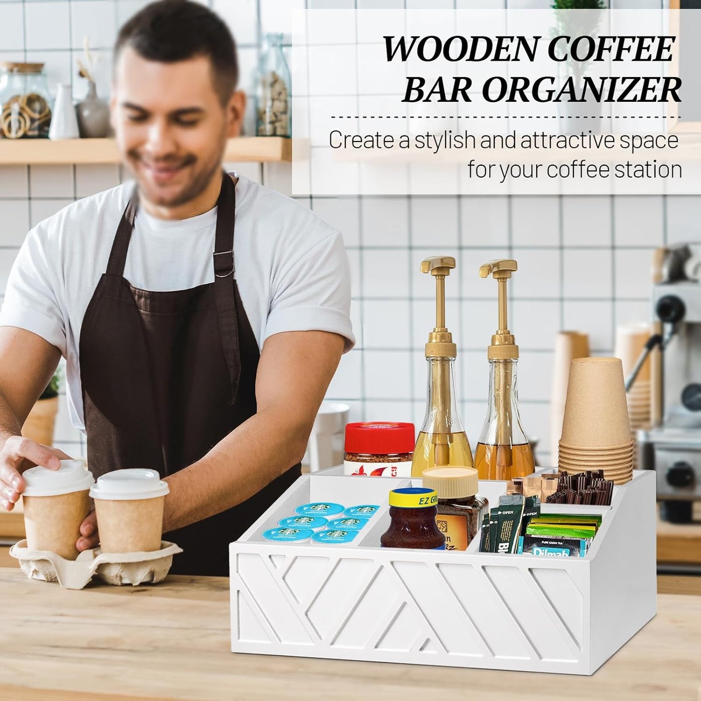 ugiftt Coffee Station Organizer for Counter, Wood Pods Holder Storage Basket, Tea Condiment Storage Organizer, Rustic Coffee Bar Decor for Accessories Organizer