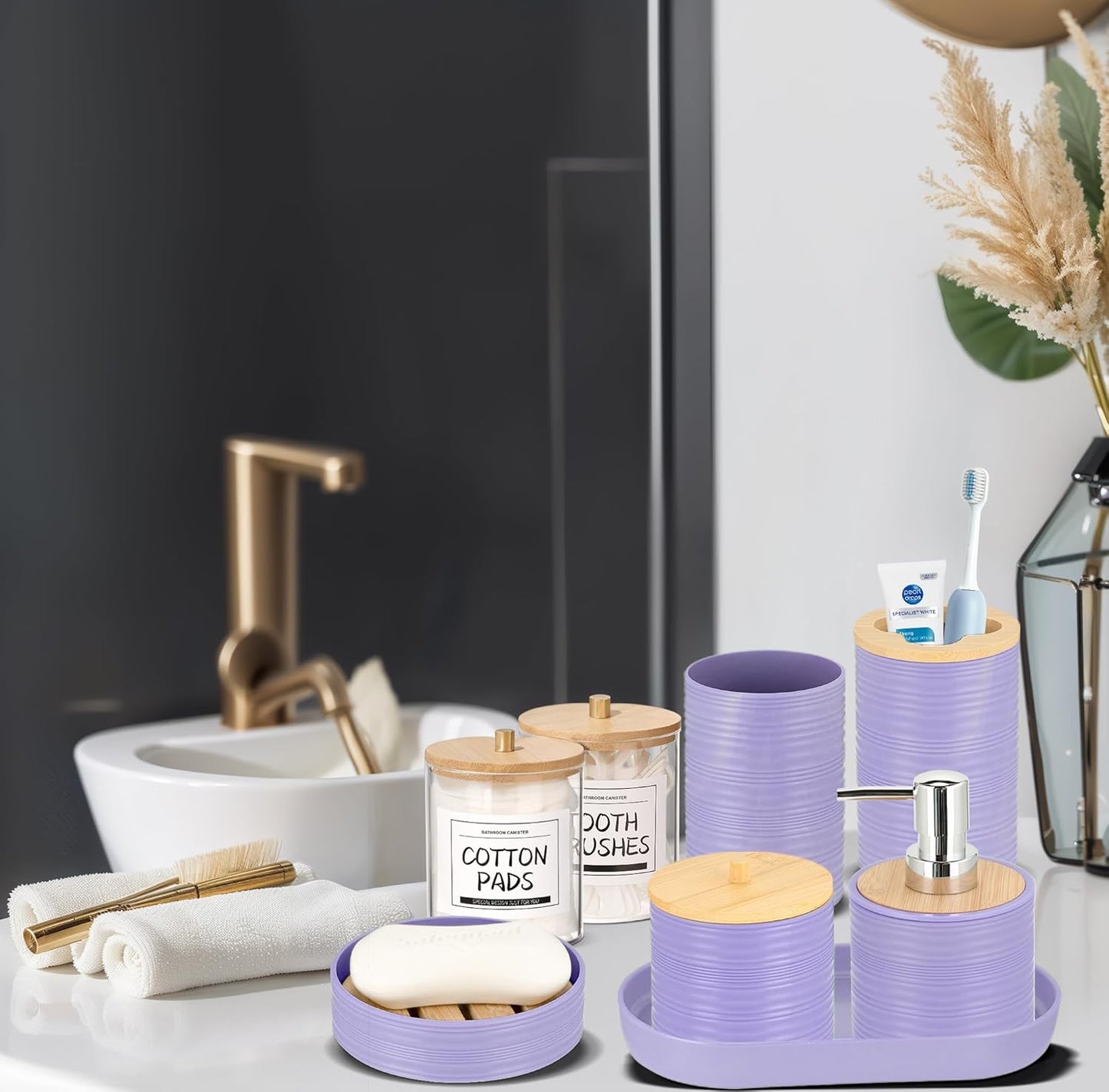 IMAVO Bathroom Accessory Set-11Pcs Purple Bathroom Accessories Set with Trash Can,Soap Dispenser,Soap Dish,Toothbrush Holder,Toothbrush Cup,Toilet Brush Set ,Qtip Holder Dispenser with Labels