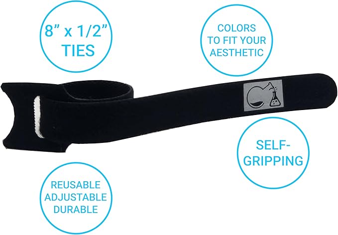 CableLock Cable Ties - 50 Pack - 8 Inch Reusable Cord Organizers - Clean Cable Management for Gaming and Home Office (Black)