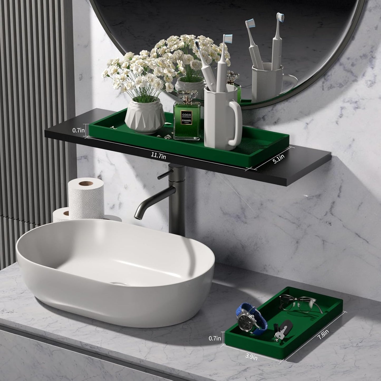 BBK Bathroom Vanity Tray- 2 Pack (7.8" and 11.8") Silicone Bathroom Tray for Counter, Perfume Key Trinket Ring Tray, Decor Soap Dispenser Countertop Tray for Kitchen Sink Organization.(Green)