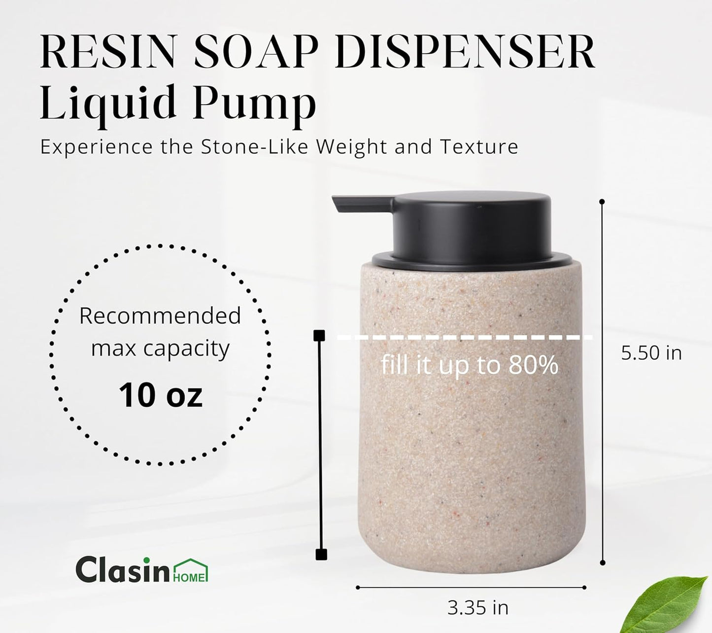 Resin Hand Soap Dispenser Easy-to-Press Liquid Pump, Refillable Soap Dispenser with Sandstone Like Finish, Waterproof Bottle Labels for Bathroom Kitchen Dish Lotion (Beige,10 oz)