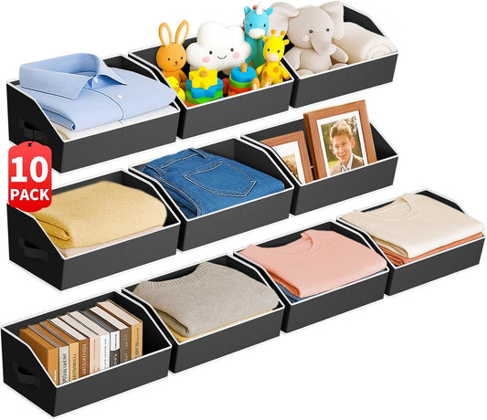 Large Closet Organizers and Storage Bins - 10 Pack Trapezoid Storage Baskets for Shelves, Foldable Fabric Baskets with Handles Ideal for Closet, Basket, Wardrobe and Shelf Storage, Black