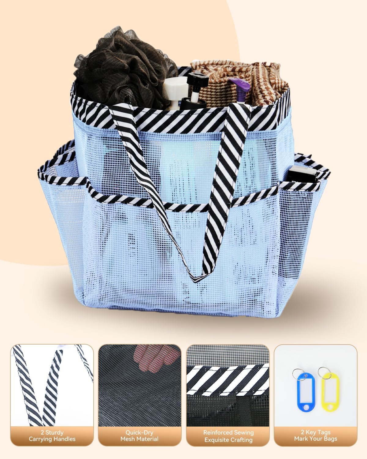 Temede Mesh Shower Caddy Tote, Large Shower Caddy Basket Portable, Quick Dry Hanging Toiletry Bag, 8 Storage Pocket Bath Organizer for College Dorm Room, Gym, Bathroom, Camp, Travel (Blue)