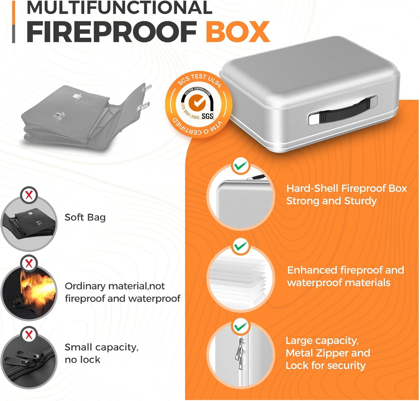 Fireproof Document Box with Lock, Waterproof File Safe Box for Documents, Fireproof and Waterproof Important Document Organizer for Home and Office - Silver Gray