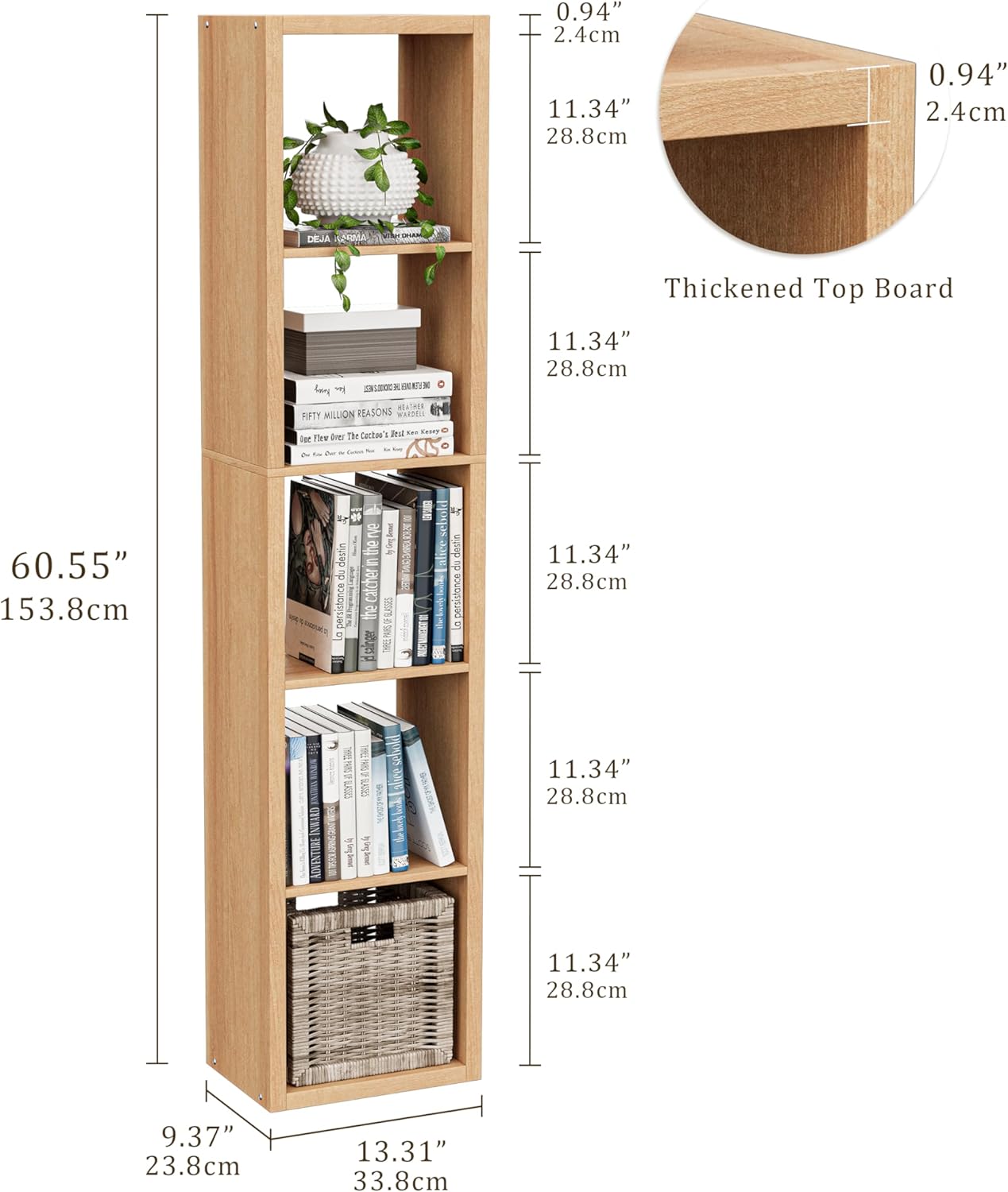 Tall Cube Storage Organizer Bookcase, 5 Tier 11 inch Open Back Cubical Shelf with Thickened Border, Display Bookshelf for Living Room, Home Office, Sturdy Room (Natural Oak, 5 Cube,Vertical)