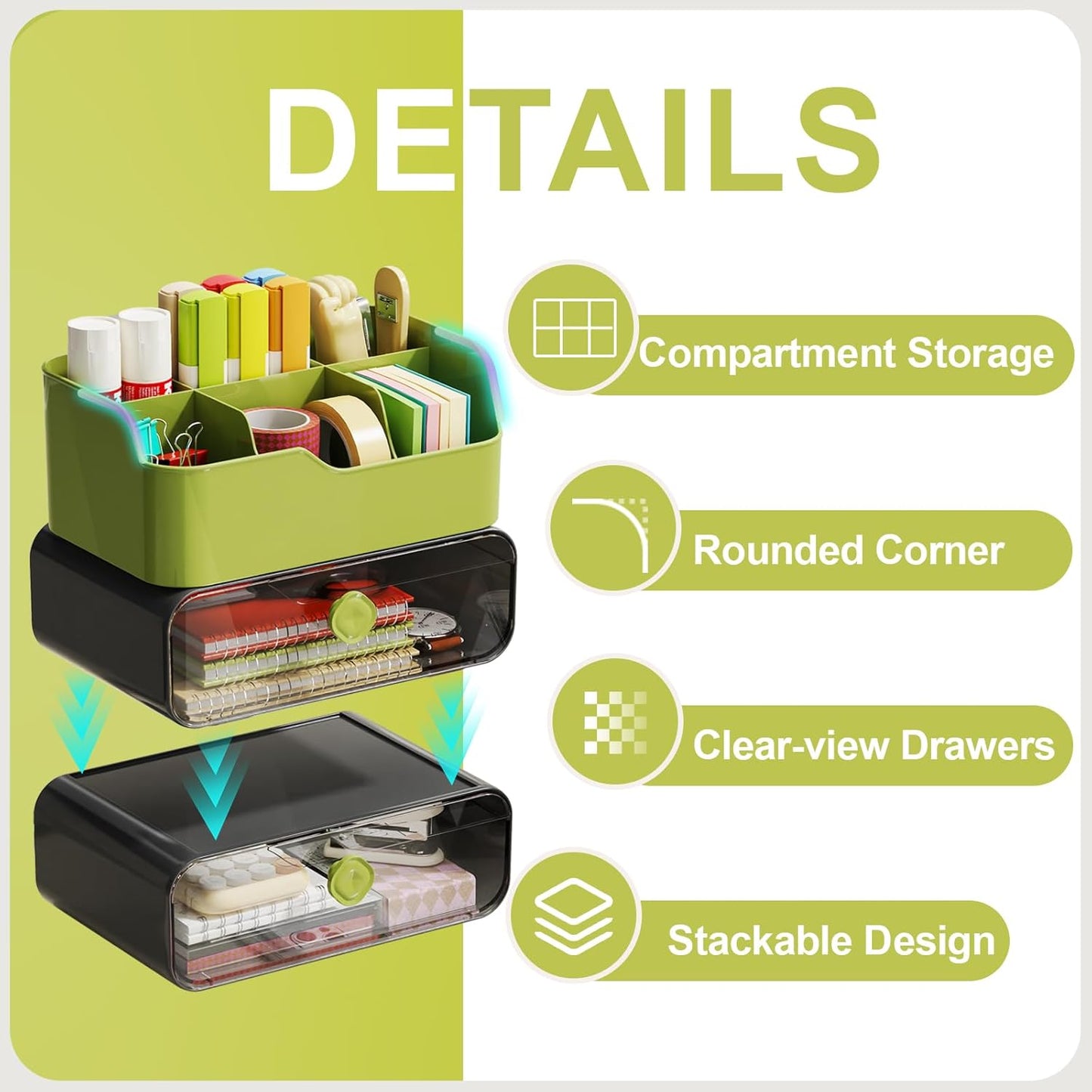 TEAMIX 3 Tier Desk Organizer with 2 Clear Drawers & 6 Slots, Stackable Desktop Drawer Organizer, Plastic Pencil Pen Holder Stationary Storage Makeup Organizer for Office/School/Art Supplies (Black)