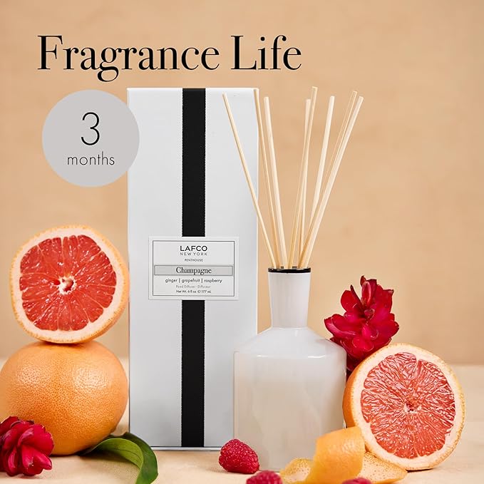 LAFCO New York Classic Reed Diffuser, Champagne - 6 oz - Up to 3 Months Fragrance Life - Reusable, Hand Blown Glass Vessel - Natural Wood Reeds - Made in The USA