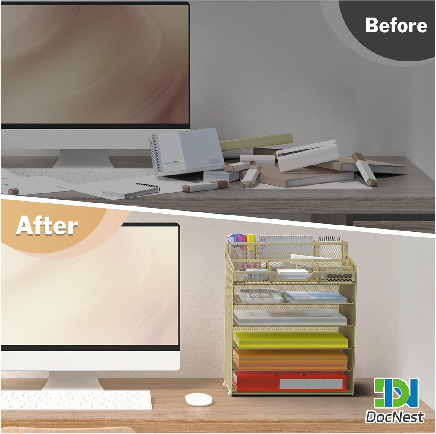 Docnest 6 Tier Mesh Desk Organizer for Paper Office Supplies – Multi-Functional Letter Tray with 5 Adjustable Compartments, 3 Pen Holders, Desktop Storage for Files, Mail, Stationery – Gold Yellow