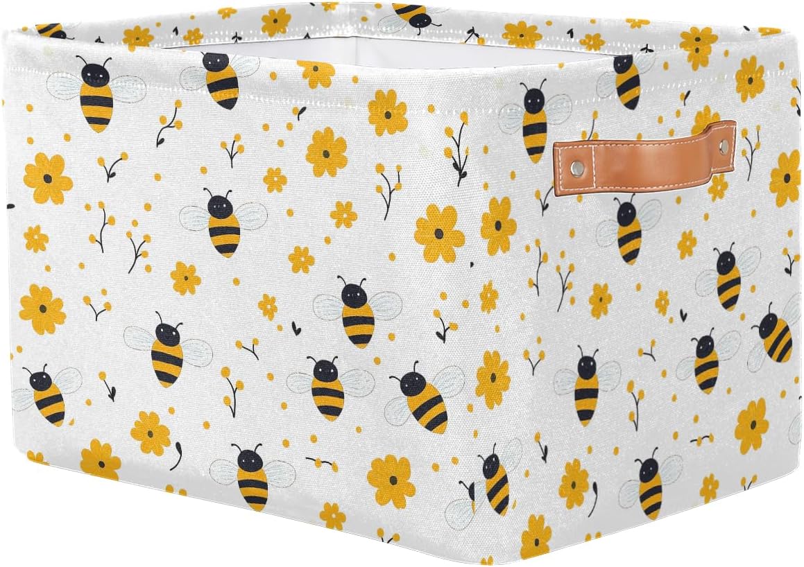 Bee Storage Basket for Shelves, Storage Bins with Handles, Collapsible Basket for Organizing, Closet Toy Baskets for Nursery Room, 15x11x9.5 in, Canvas, Yellow Bee