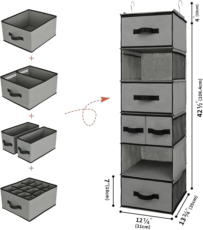 GRANNY SAYS Hanging Closet Organizer 6 Shelves, Closet Organizers and Storage with 5 Drawers, 6 Side Pockets Closet Hanging Organizer, Hanging Storage Organizer for Closet, Baby Clothes, Gray