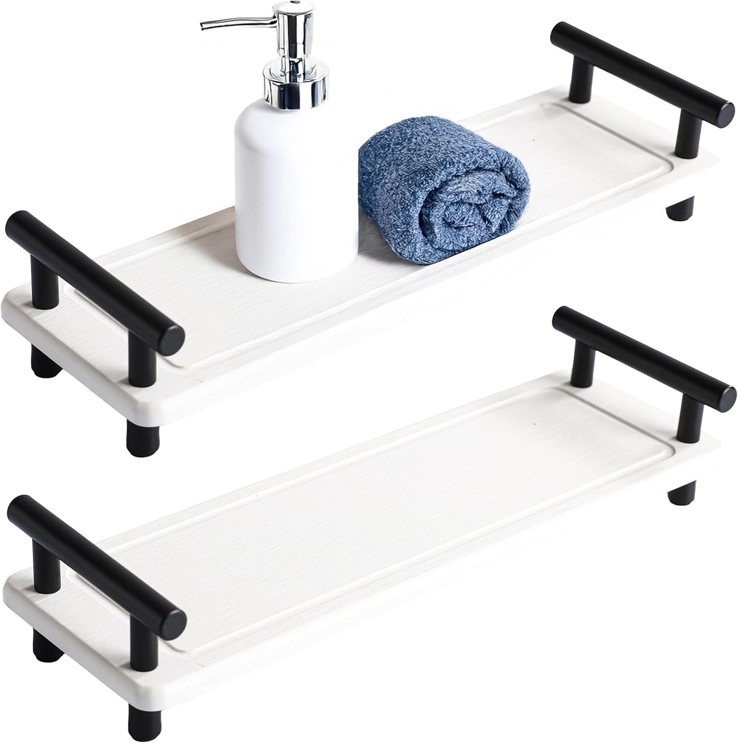 2PCS Water Absorbent Kitchen Countertop Organizer, Sink Caddy, Fast Drying Stone Diatomaceous Earth Tray, Sink Organizer, Water Absorbing Stone Tray for Countertop (White & Black Handle, Small)
