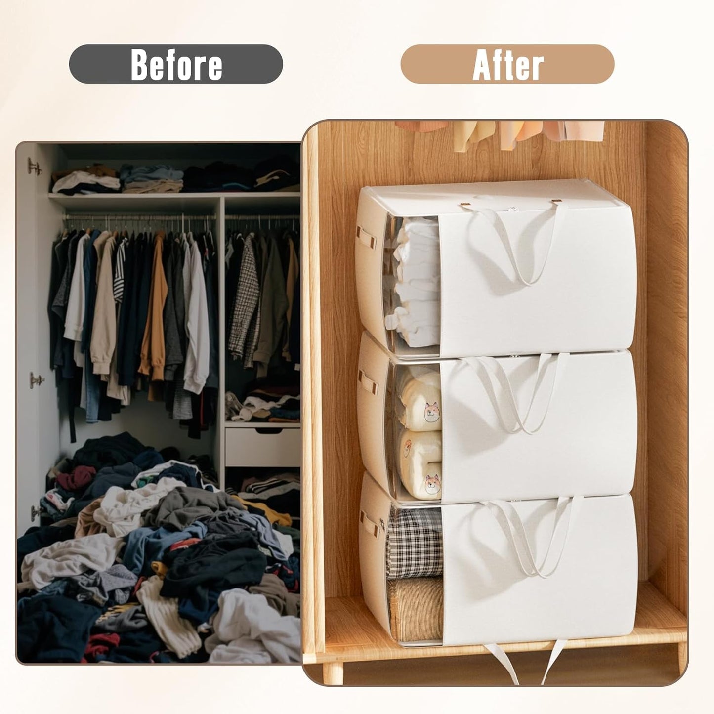 Heavy Duty Cotton Canvas Storage Bags For Comforter Blankets Clothes Extra Large Foldable Organizer with Clear Window & Reinforced Handles, Dustproof Design (White, 80L-2Pack)