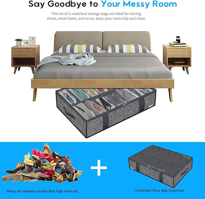 Large Under Bed Boots Shoes Storage Organizer Set of 2 (14+4 Pairs), Durable Closet Foldable Fabric Shoe Container Box with Clear Window, 33.9x 23.6x5.9inch, Light Grey, ZMGCUBS14S4