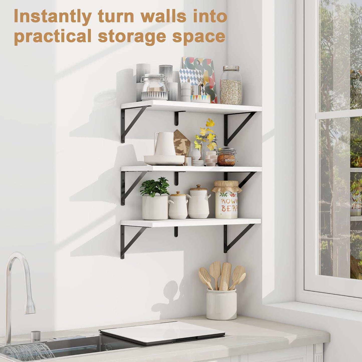 Fun Memories Floating Bookshelves, Set of 3 Wall-Mounted Wood Shelves 24" W x 8" D, Decorative Wall Shelf for Living Room, Bedroom, Bathroom, and Laundry Room (White)