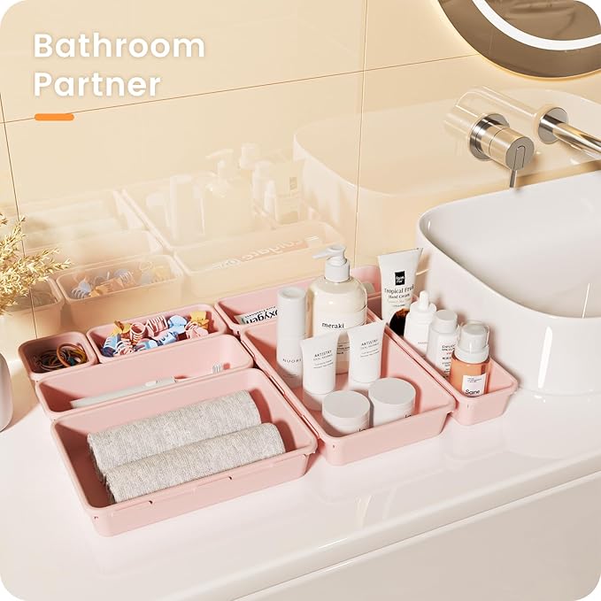 A-LuGei 【𝟮𝟴𝗣𝗖𝗦】 【𝟱𝗦𝗶𝘇𝗲】 Pink Drawer Organizer, Makeup organizer, 【Holds 177 Items】 Bathroom Organizers and Storage, Plastic Desk Organizer Divider, Organizer Bins for Office Vanity