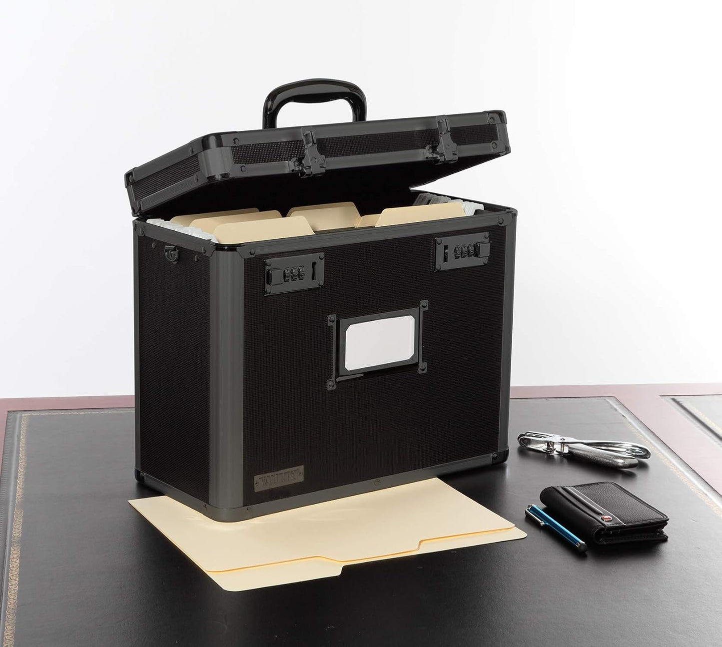 Vaultz File Organizer Storage Box - 14 x 7 x 12.19 Inch Letter Size, Portable Locking Storage Totes with Dual Combination Locks for Filing Office Documents - Super Tactical