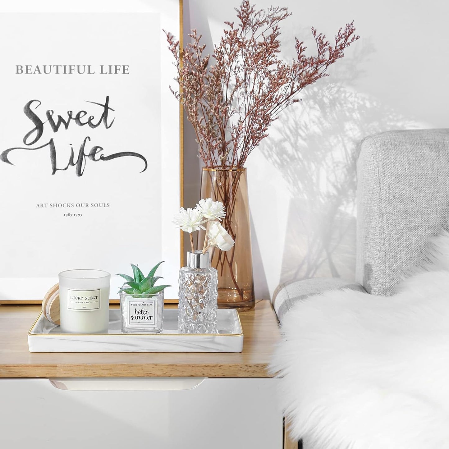 Luxspire Marble Ceramic Vanity Tray - 11" Gold and White Counter Tray for Dresser, Kitchen, Perfume, Bathroom Accessories