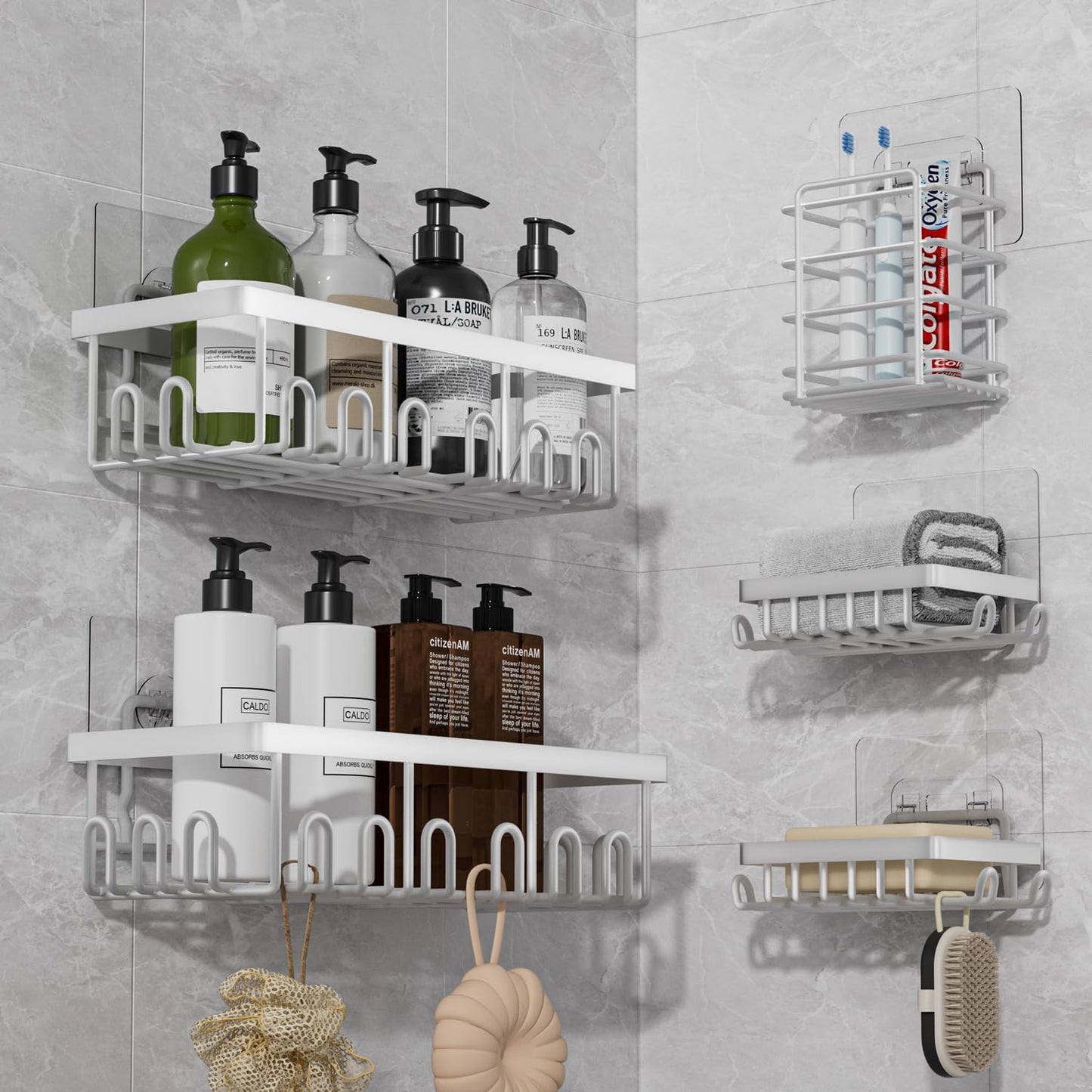 Shower Caddy Organizer Rack Shelf with Soap and Toothbrush Holder,Stainless Steel Organizer for Bathroom Organizers and Storage, No Drilling Wall Mounted Rack Bathroom Caddy White,5-Pack