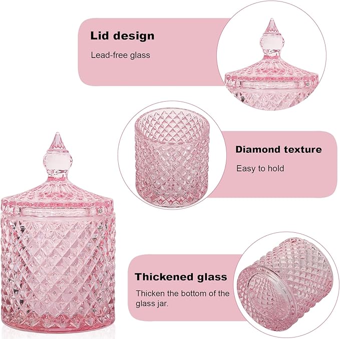 rejomiik 2 Pack Qtip Holder Thick Glass Apothecary Jars with Lid for Bathroom Decor Storage Organizer for Cotton Swabs, Balls, Pads, Floss Picks, Candy, Jewelry, Pink