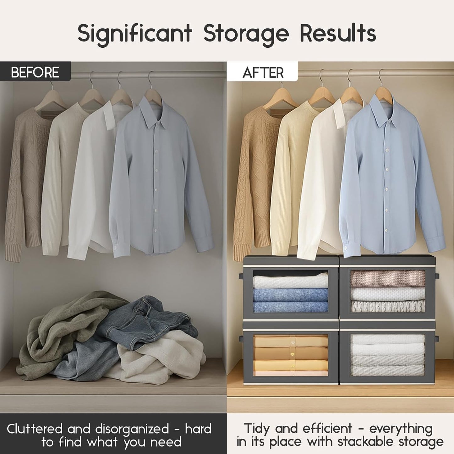 Collapsible Storage Bins with Lids - Stackable Storage Containers with Window, 6 Pack Fabric Cube Bins for Closet, Home & Office Organization Baskets, Dark Gray, 14.9" x 9.8" x 9.8"